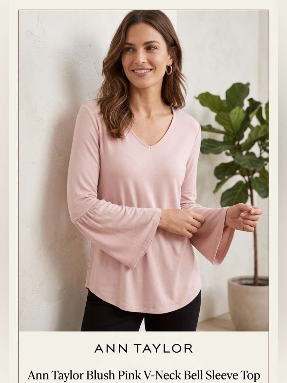 Ann Taylor Blush Pink V-Neck Bell Sleeve Top